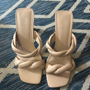Open Edit Braided Double-Strap Heeled Sandals in Beige